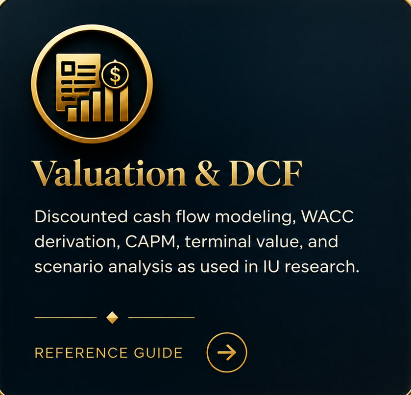 Valuation & DCF — Reference Guide. Discounted cash flow modeling, WACC derivation, CAPM, terminal value, and scenario analysis as used in IU research.